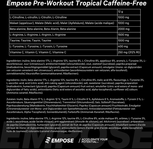 Empose Nutrition Pre-Workout Cafeïnevrij - 360 gr